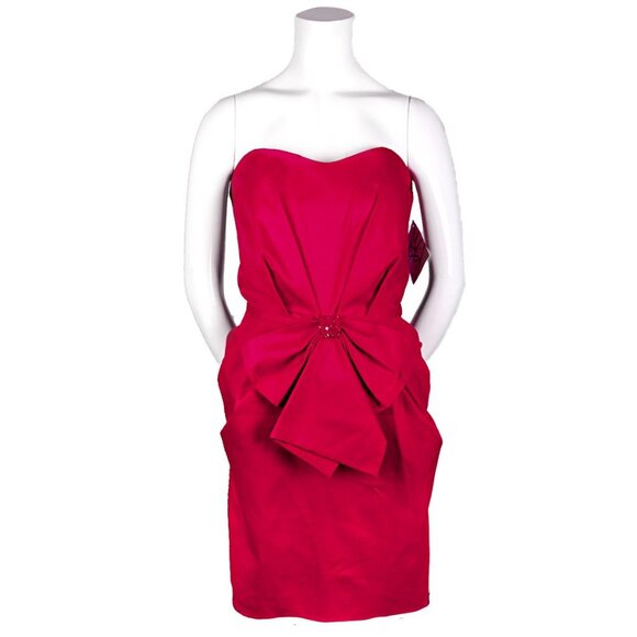 Badgley Mischka Red Strapless Dress by Mark & James Waist Bow Sequins Cotton NEW - Picture 2 of 13